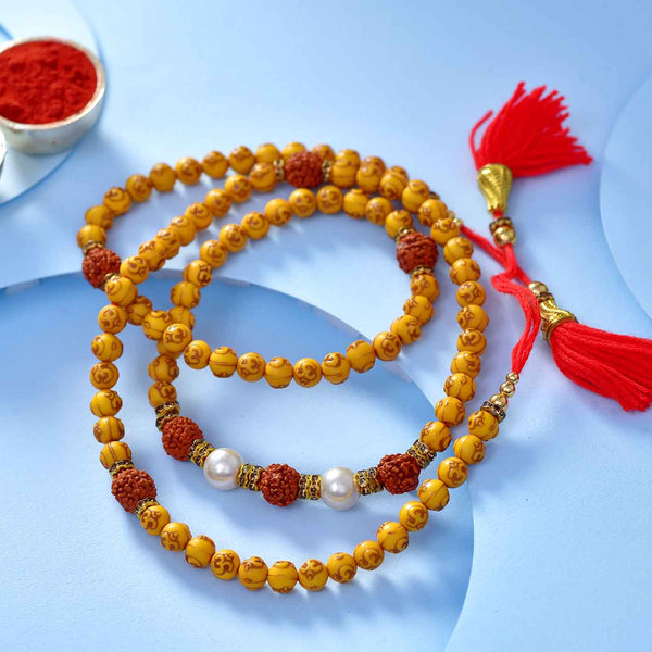 Rudraksha, Pearls & Om Yellow Beads Rakhi Thread
