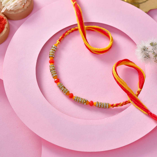 Stunning Red and Orange Crystal Beads Rakhi Thread With Stone Work
