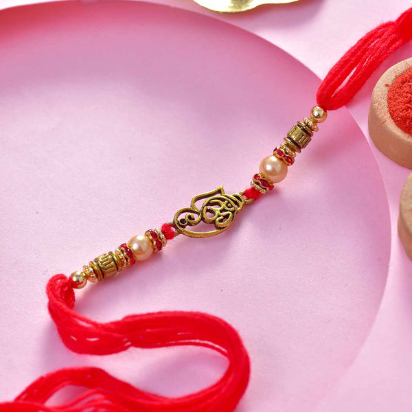 Fancy Om & Ganesha Rakhi With Wooden & Crystal Beads