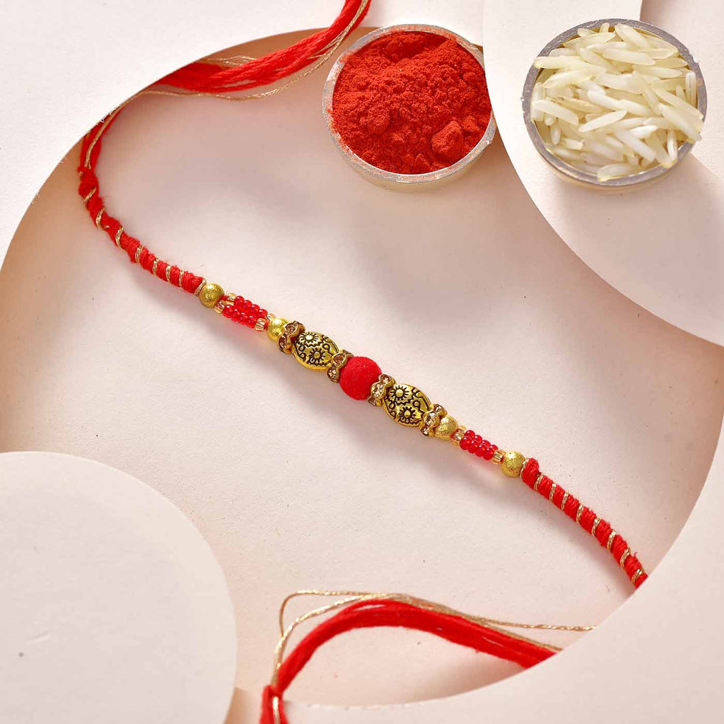 Metal Finish Red Beads Rakhi Thread