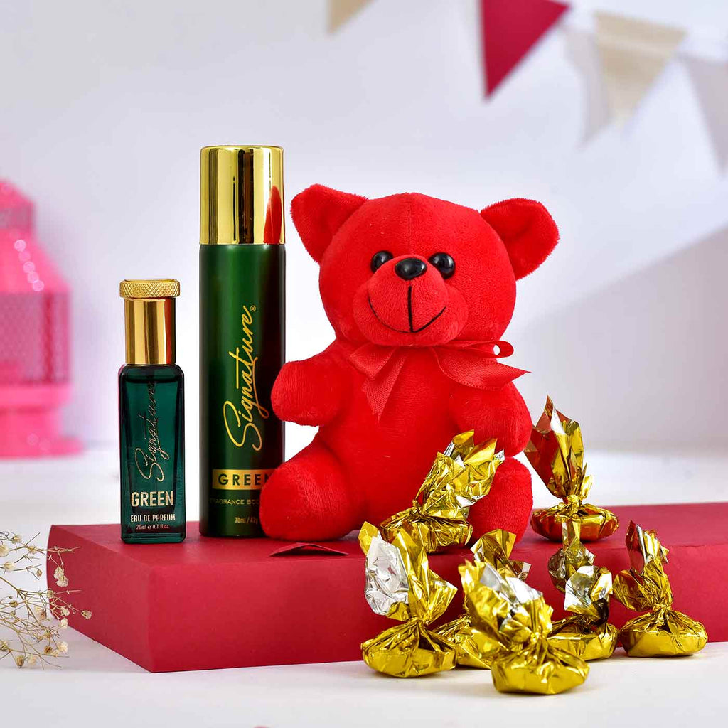 Valentine Gift (Red Teddy With7 Pcs Chocolates with Signature Green Perfume & Deo Combo)