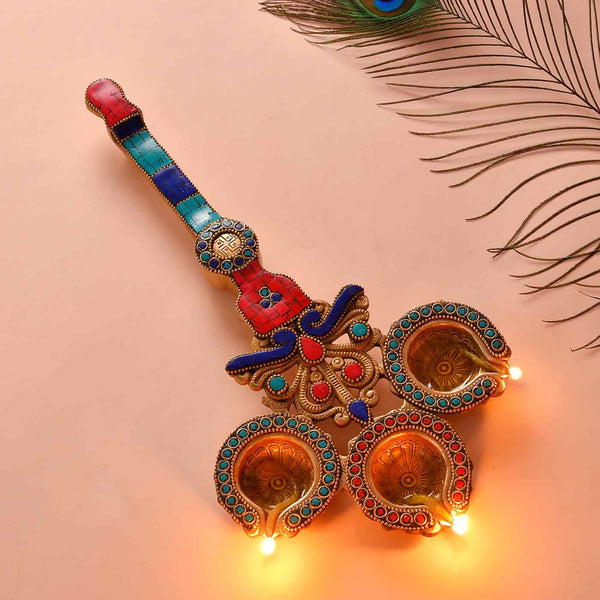 Colourful Aarti Tri Diya In Brass