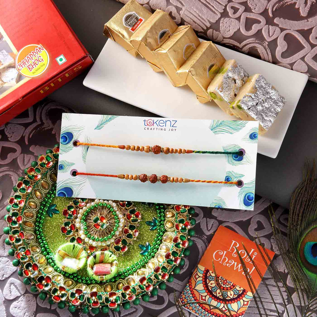 Mewa Bites With Set Of 2 Chandan Beads Rakhi & Thali