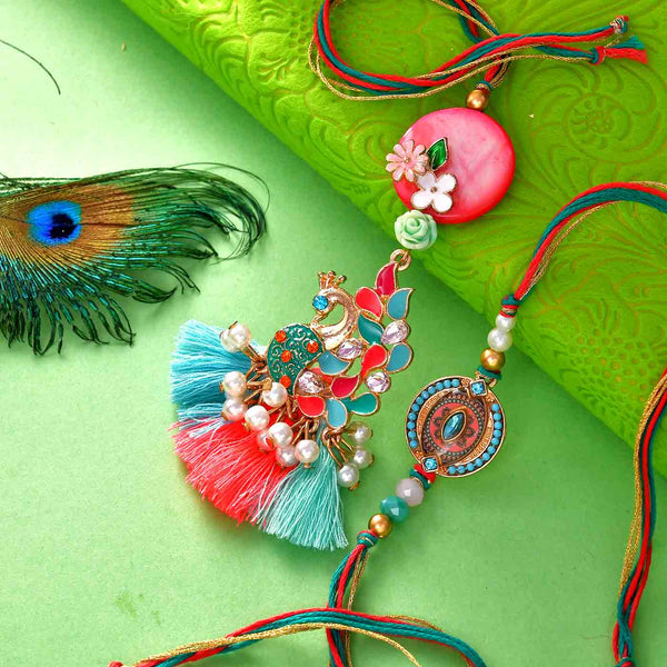 Peacock Design Bhaiyya Bhabhi Rakhi With Panjiri Laddoo & Namakpara