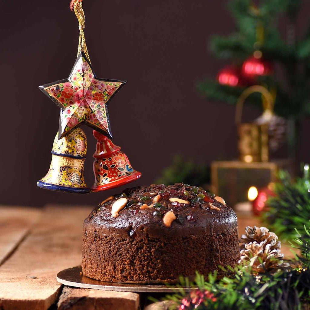 Delicious Cashew Cherry Plum Cake with Handcrafted Papier Mâché Holy Christmass Star & Bells