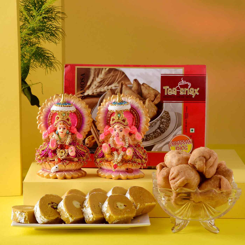 Stunning Ganesh Lakshmi Idol With Batisha Slice & Mini Samosa