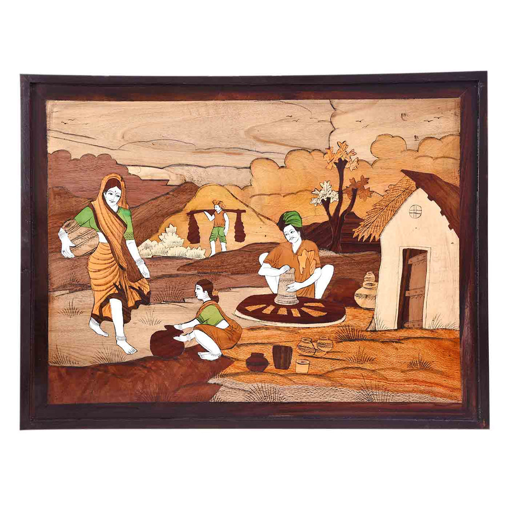 Inspirational Rural Life Mysore Rosewood Inlay Painting (24*18 Inches)