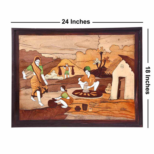 Inspirational Rural Life Mysore Rosewood Inlay Painting (24*18 Inches)