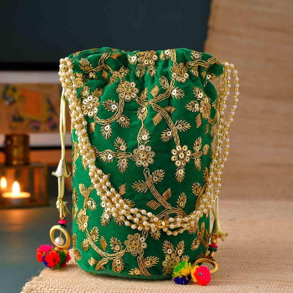 Gorgeous Green Potli Bag With Handle