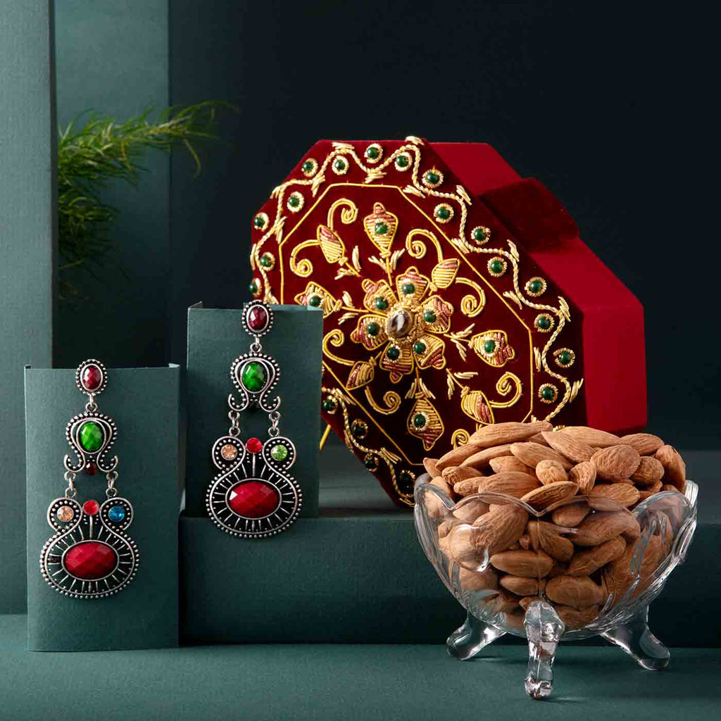 Zari Jewellery Box With Trendy Earrings & Almonds Hamper