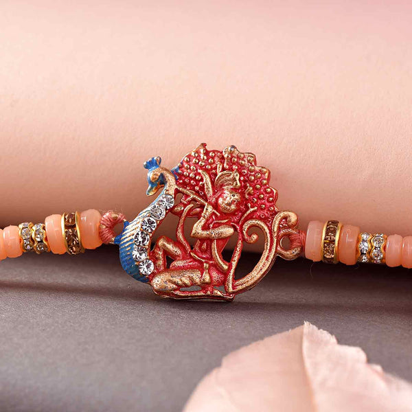 Metal Peacock, Sri Krishna And Beads Rakhi
