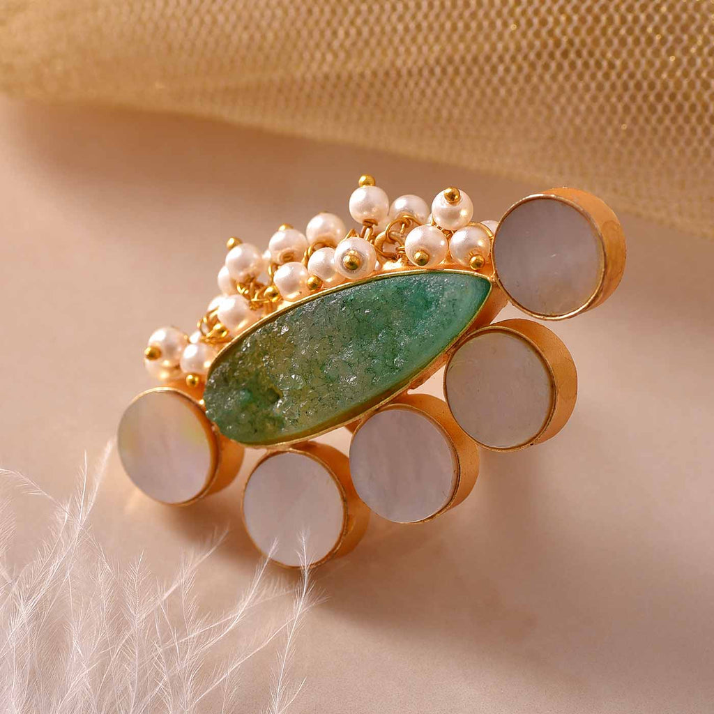 Intricate Gold Green Druzy Adjustable Ring