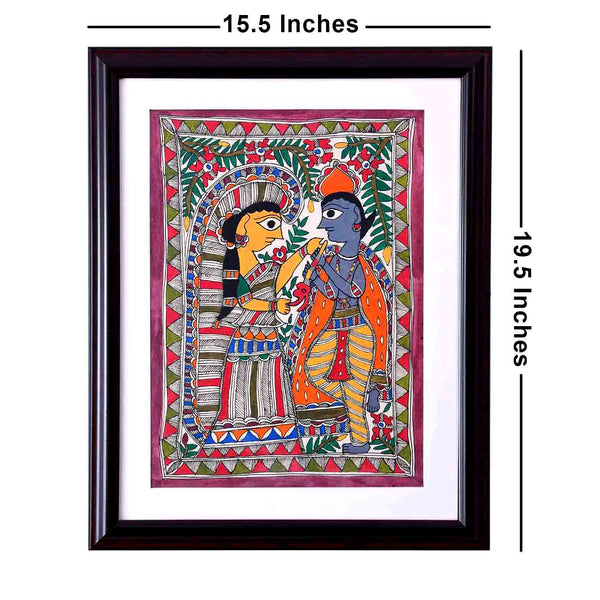 Engaging Radha Krishna Madhubani Painting (Framed, 15.5*19.5 Inches)