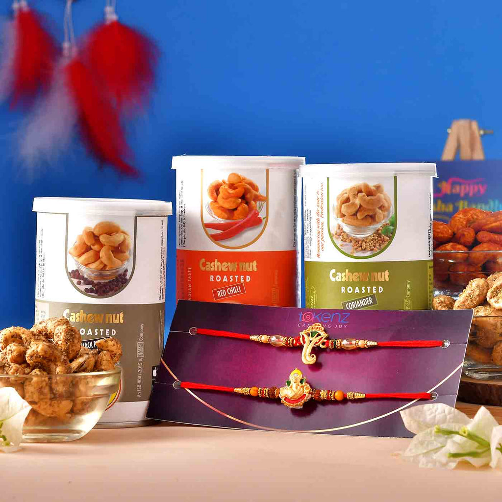 Flavoured Cashewnuts And Set Of 2 Divine Ganesha Rakhi