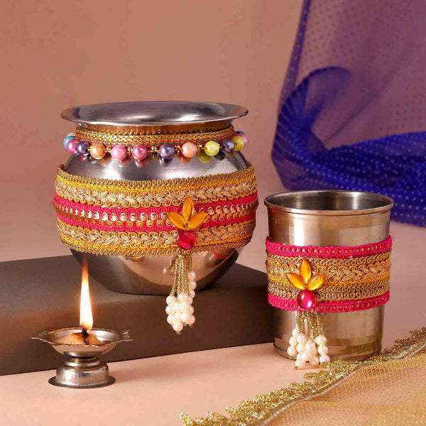 Blissful Karwachauth Set Of Pooja Thali, Chunri, Steel Glass, Chalni, Karwa, Vrat Book & Calendar