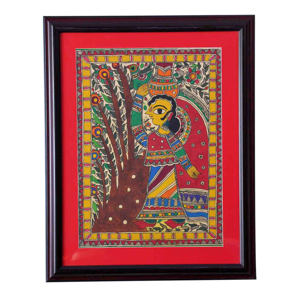 Lady Carrying Water Madhubani Painting (Framed, 15.5*19.5 Inches)