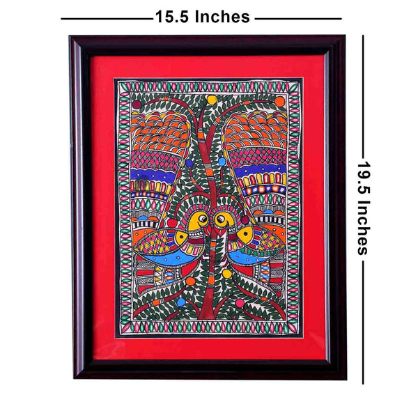 Alluring Peacock Madhubani Painting (Framed, 15.5*19.5 Inches)