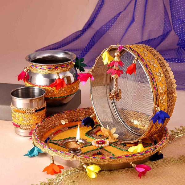 Sensational Karwachauth Set Of Pooja Thali, Chalni, Steel Glass, Chunri, Karwa Vrat Book & Calendar