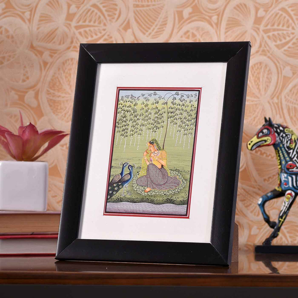 Picturesque Lady With Peacocks Desktop Painting (Framed, 4*6 Inches)