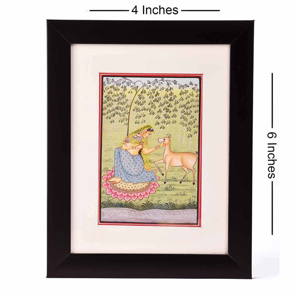 Artistic Lady With Deer Desktop Painting (Framed, 4*6 Inches)