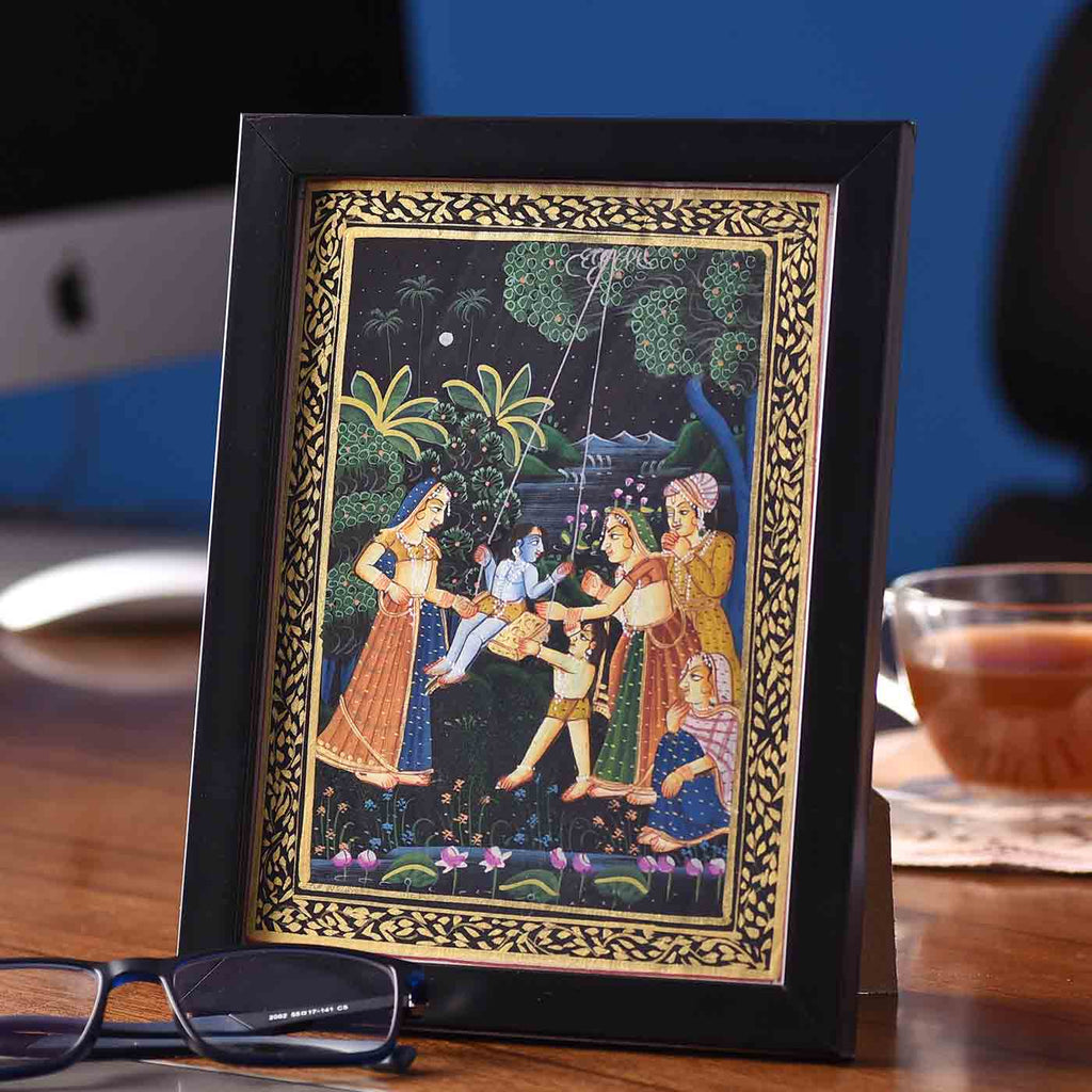Swinging Bal Krishna Desktop Painting (Framed, 5.5*7.5 Inches)