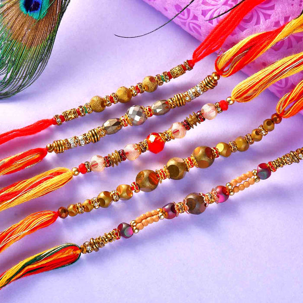 Beads & Crystal Rakhi Set Of 5 With Karachi Halwa & Balushahi