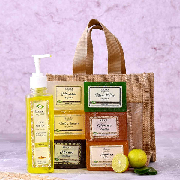 Jute Bag Hamper Of Hand Sanitizer & Natural Organic Soaps