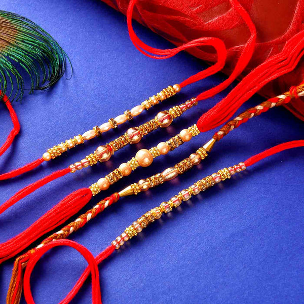 Beads & Pearl Rakhi Set Of 5  With Badam Pinni & Mewa Bateesa
