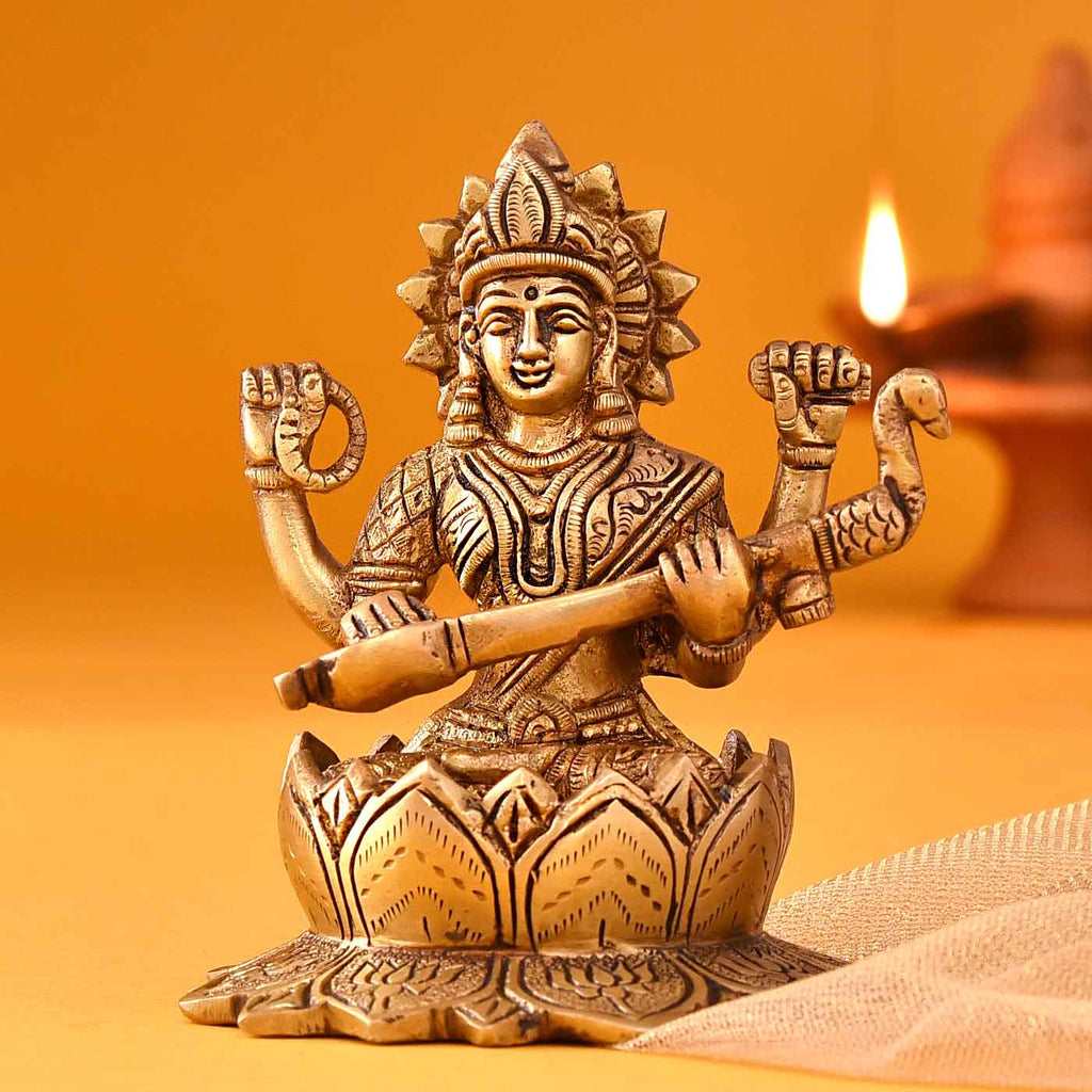 Divine Goddess Of Knowledge Saraswati Brass Idol