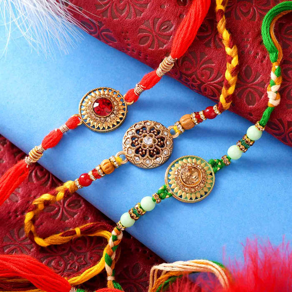 Exclusive Kundan & Crystal Beads Dial Rakhi Set Of 3