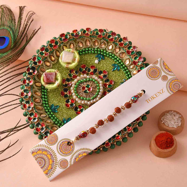 Hamper Of Rudraksh Rakhi, Kaju Barfi & Decorated Thali