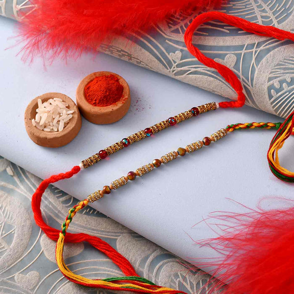 Set Of 2 Beads Rakhi With Besan Ladoo Almond & Pooja Thali