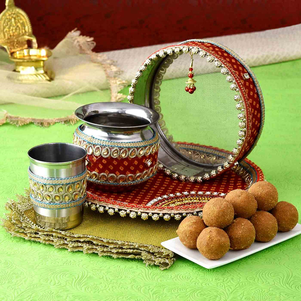 Traditional Karwachauth Puja Thali Set with Besan Laddoos