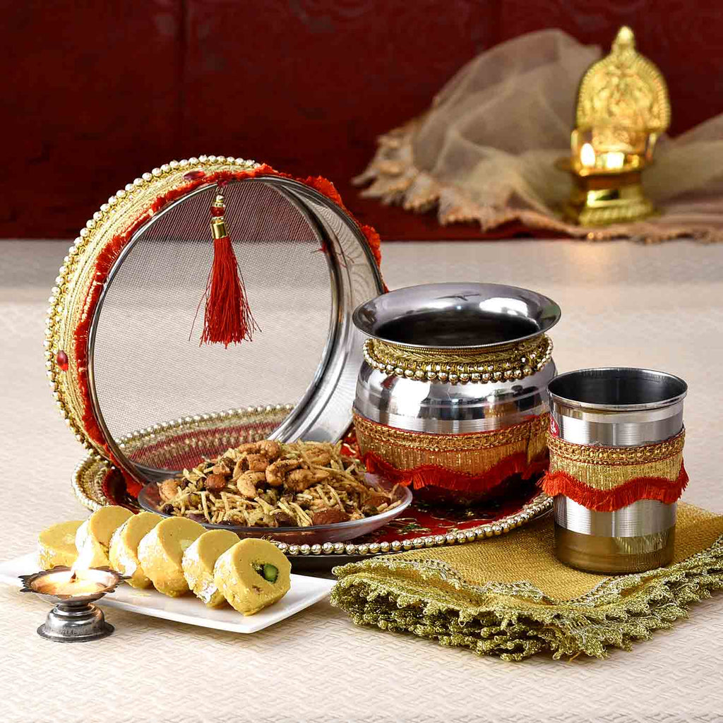 Special Karwachauth Hamper Of Puja Set With Batisa Slice & Mewa Dalmoth