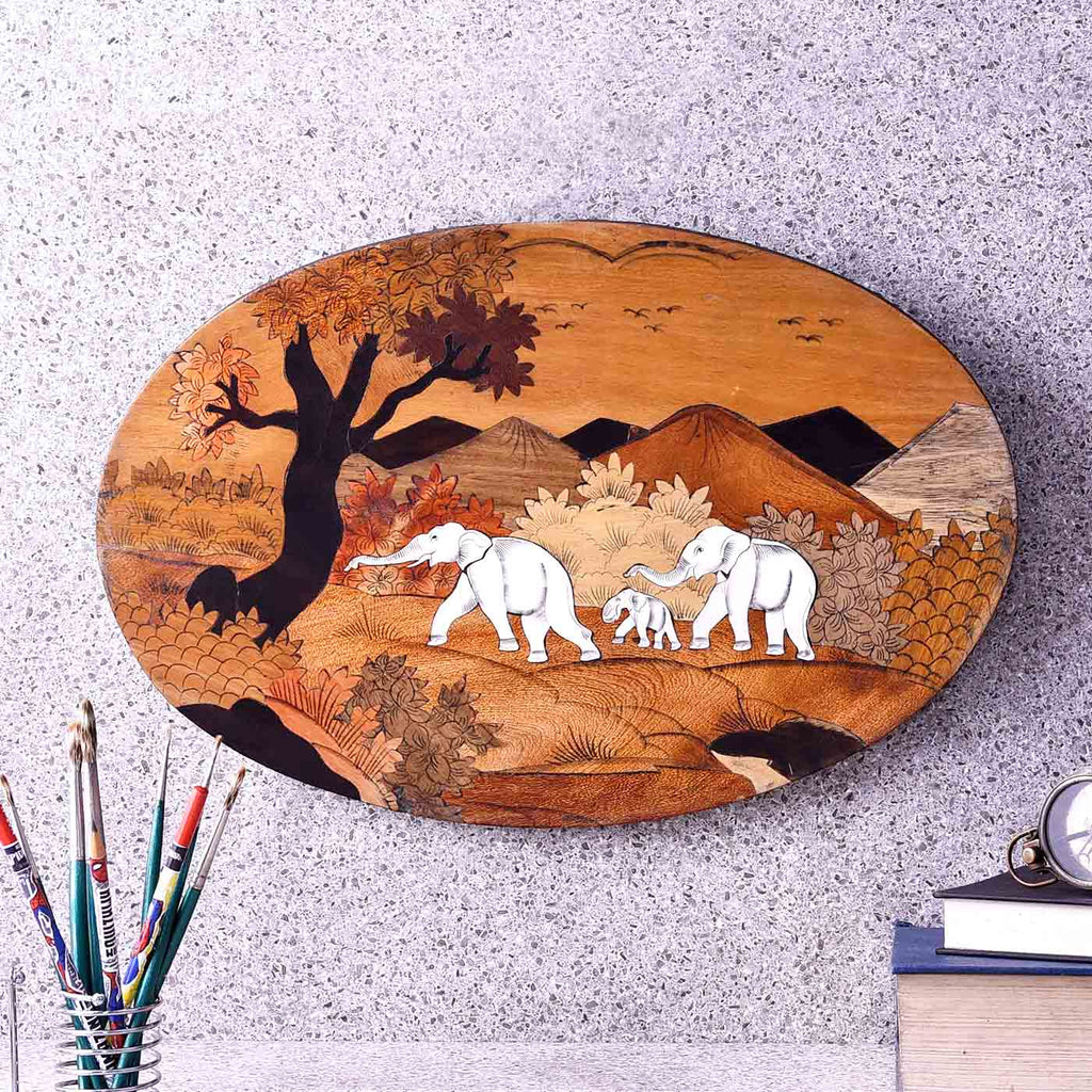 Happy Elephant Family Oval Wooden Panel Painting