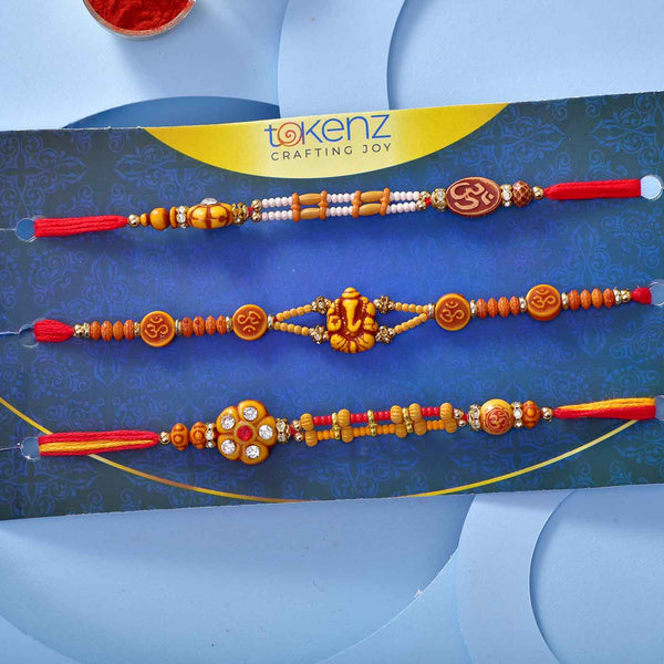 Traditional Wooden Om Beads Set Of 3 Rakhis