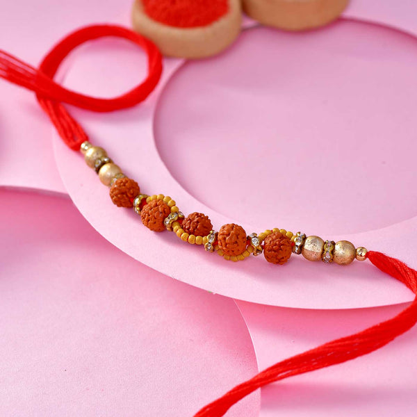 Traditional Panch Rudraksha Rakhi Thread With Golden And Yellow Beads