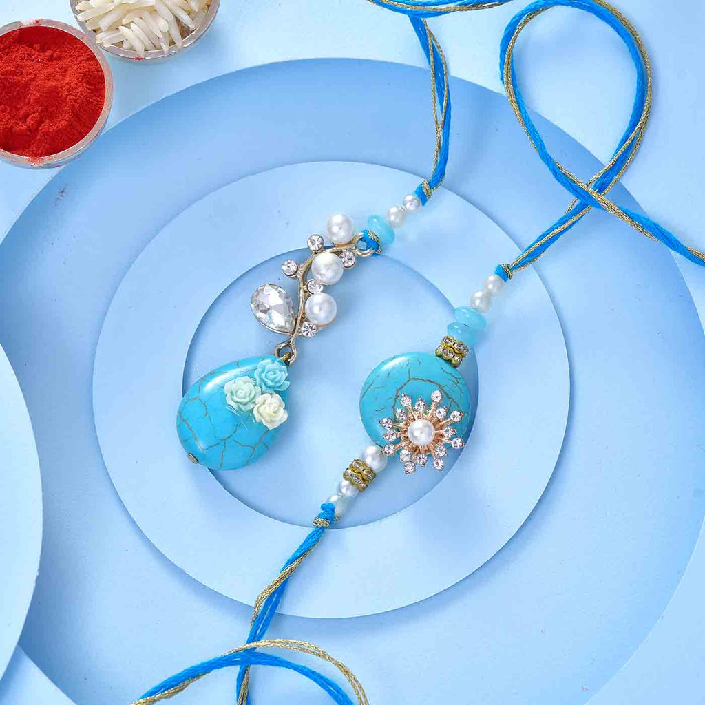Blue Stones And Pearls Rakhi Set