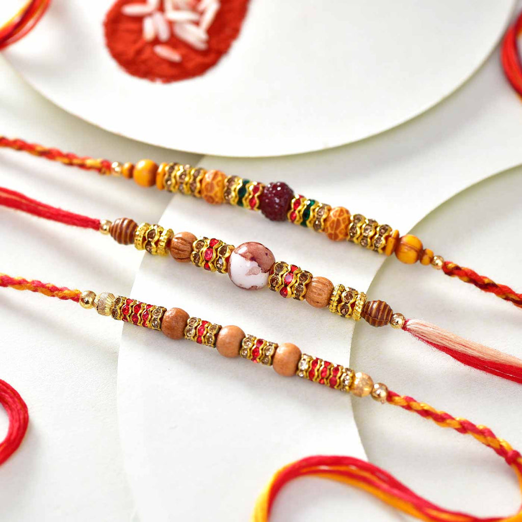 Traditional Wooden Beads & Stones Rakhis Set Of 3