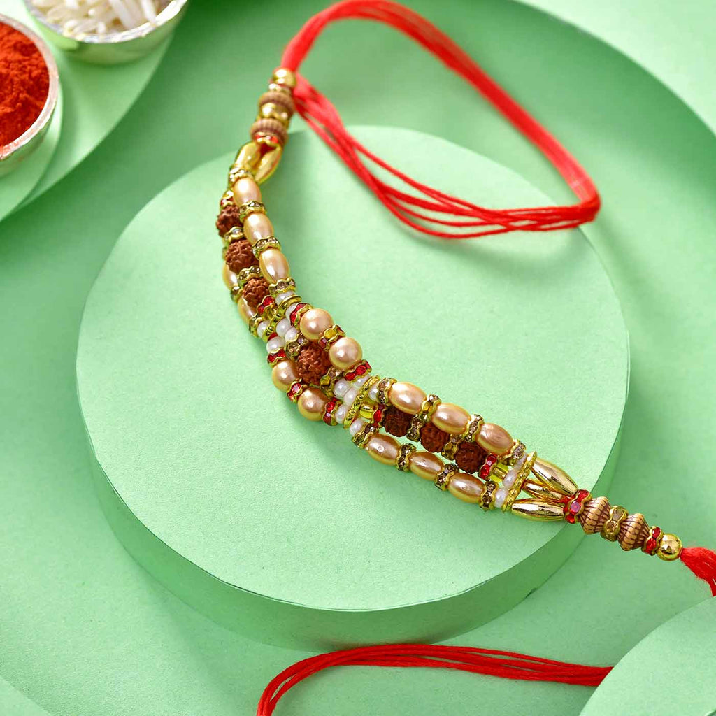 Rudraksha Gold-Rose Beads Rakhi