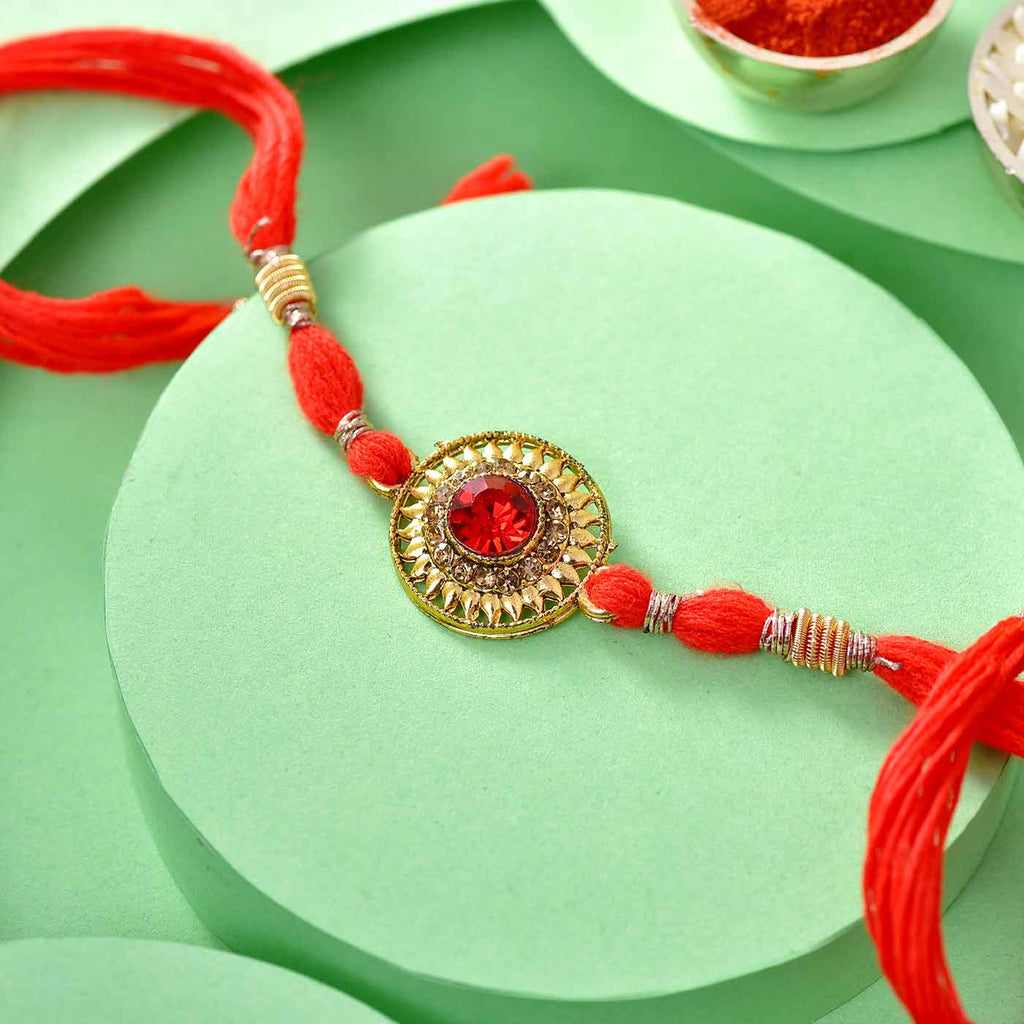 Red Round Embellished Beads & Stones Rakhi