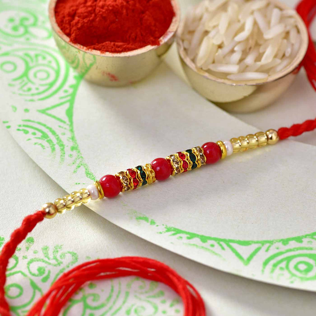 Beautiful Red Beads & Stone Work Rakhi Thread
