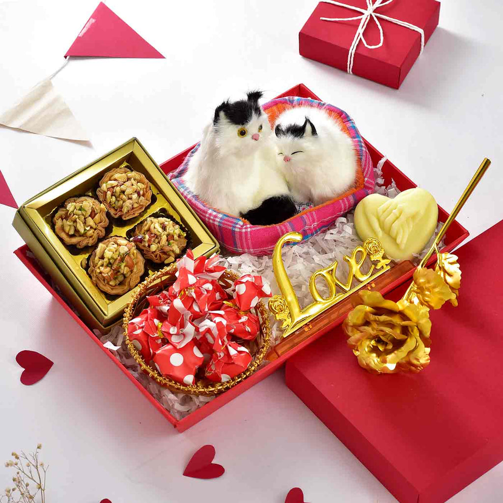 Valentine Hamper (Cute Cat Couple , Golden Rose with golden stand box, Tart Baklawa, Chocolates with  Red tray )
