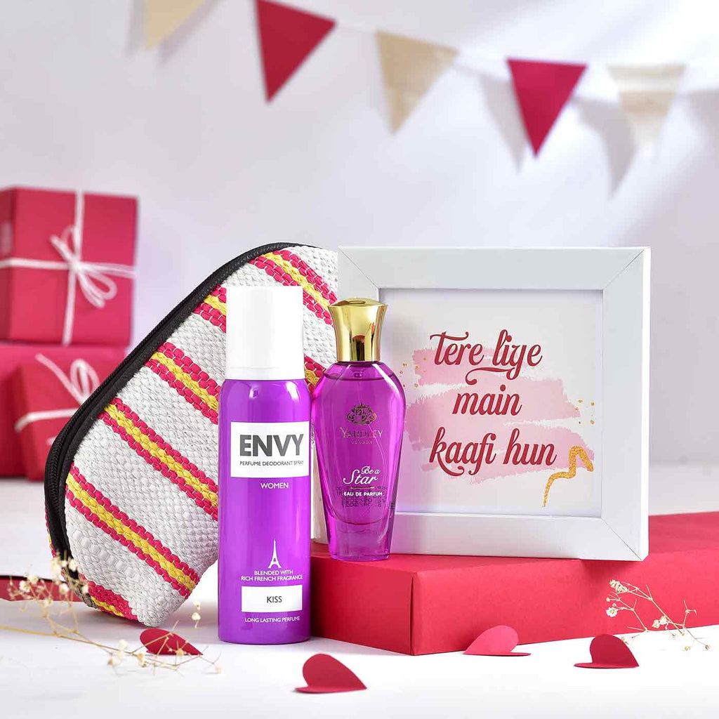 White Photo Frame with customised message, Envy Kiss Perfume for Women, Yardley London Be a star & Multocolored Washable Pouch made with recycled plastic