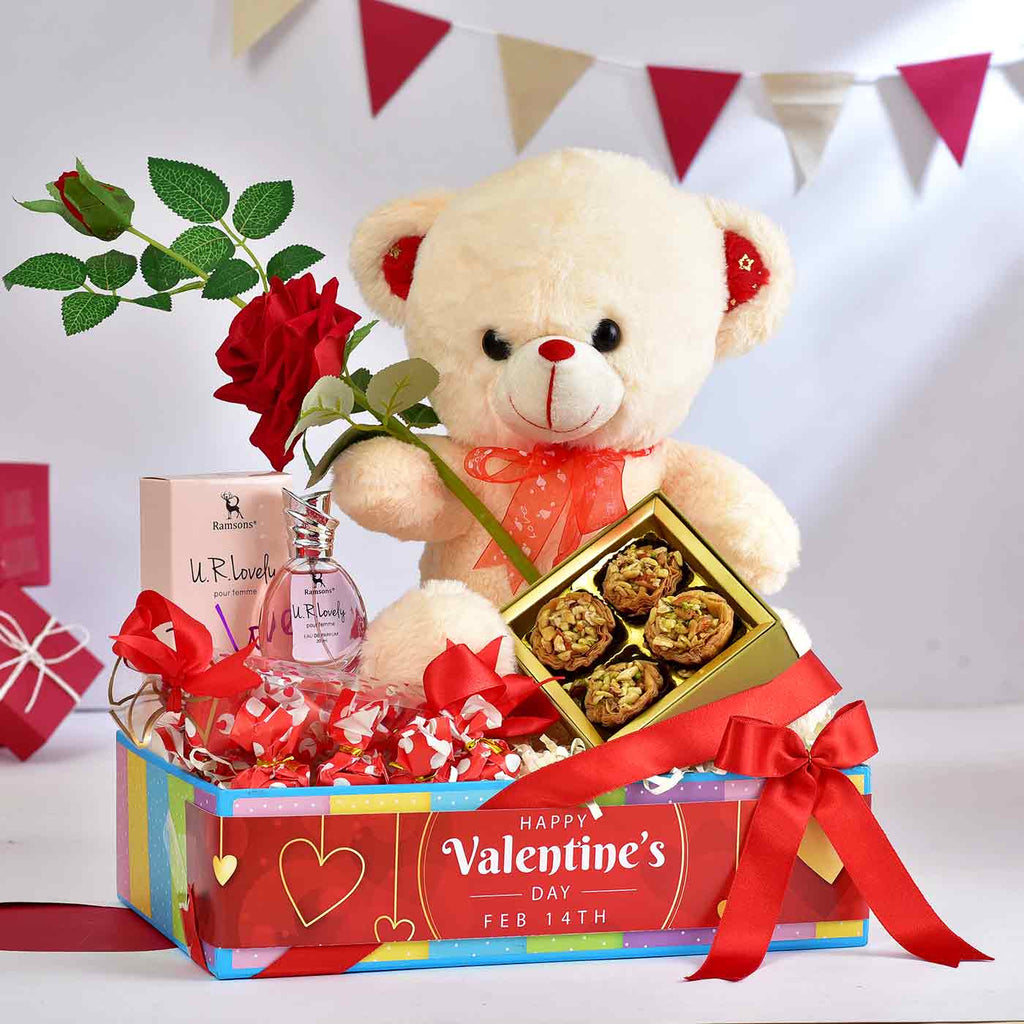 Cute Teddy Bear, Tart Baklawa, Ramsons U R Lovely Perfume,  Heart Shape chocolates