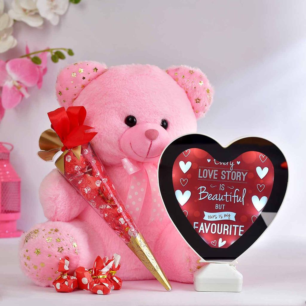 Cute Pink Teddy Bear, Heart Shape Chocolates Cone & Heart Shape Mirror with photo frame