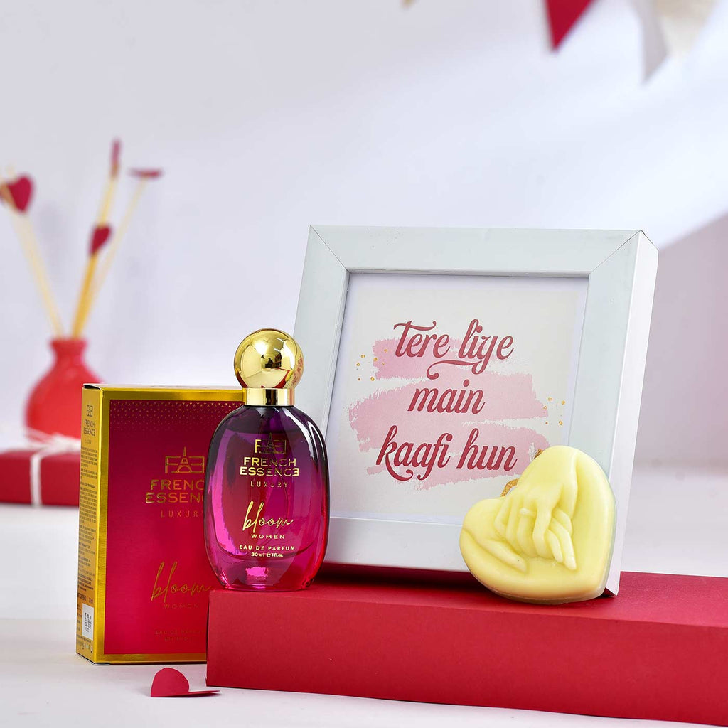 White Photo Frame with customised message, Heart Shape holding hands fragrance candle with  French Essence Luxury Bloom perfume for women.