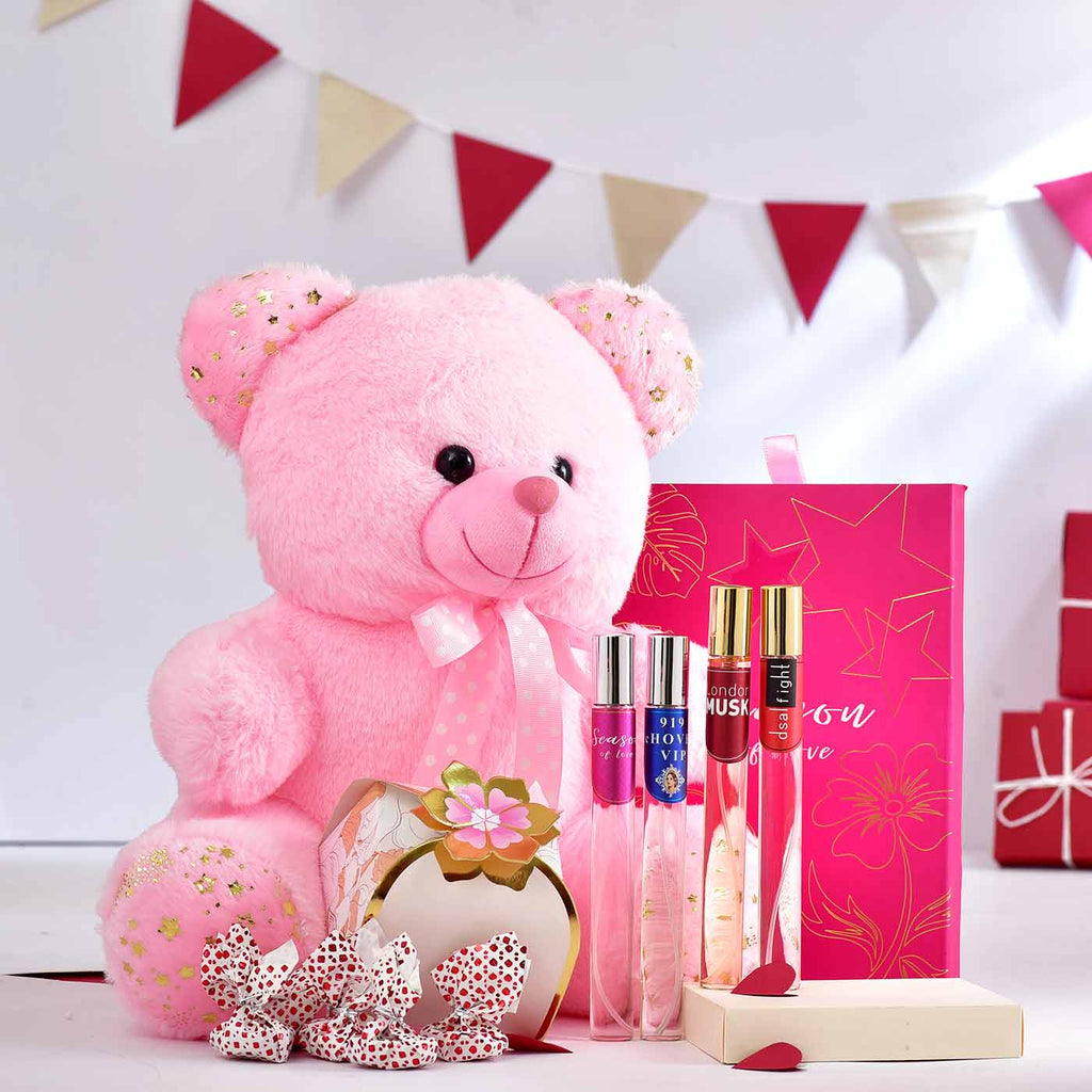 Cute Pink Teddy Bear,  Season Of Love The Royal Gift Parfum & Homemade Chocolates Pack