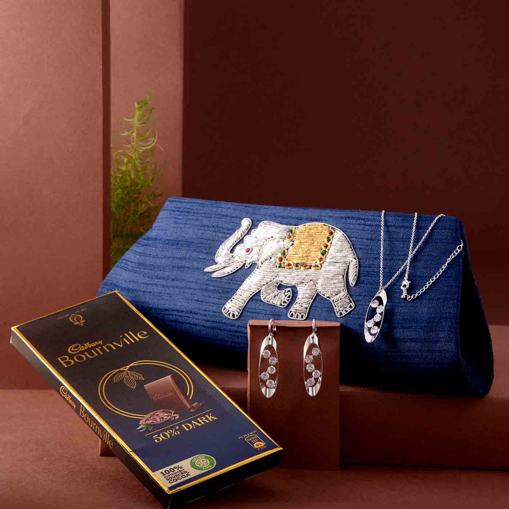Sophisticated Zari Clutch, Necklace Set & Cadbury Hamper