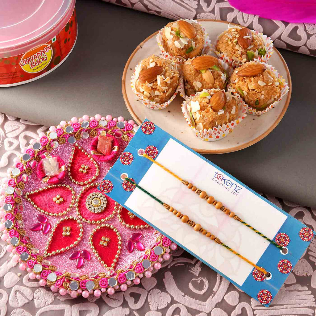 Sandalwood Beads Set Of 2 Rakhis With Badam Pinni & Pooja Thali